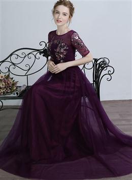 Picture of Dark Purple Short Sleeves Tulle with Sequins Applique Party Dresses, Purple Long Formal Dresses